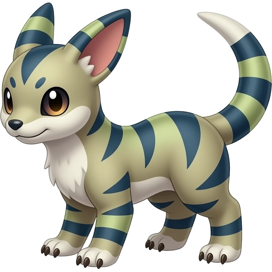 Hyper-realistic cool edgy badass zigzag-striped etched marked elegant Colorful Skilled Adept Graceful Asian Painted Meloetta-Furret-Lycanroc-Zangoose-fusion-hybrid-creature (full body) emoji
