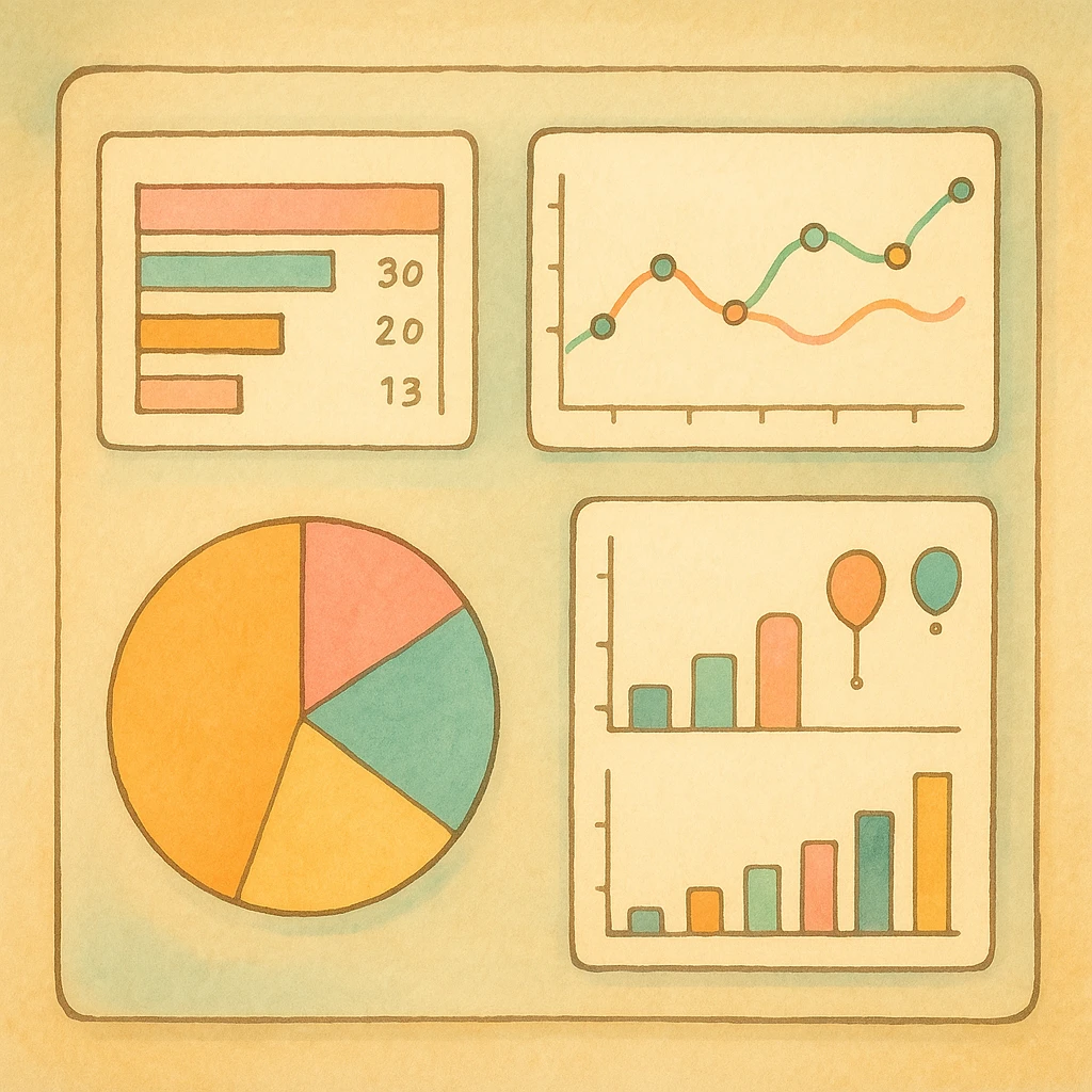 dashboard with ghibli style, soft colors and whimsical charts emoji