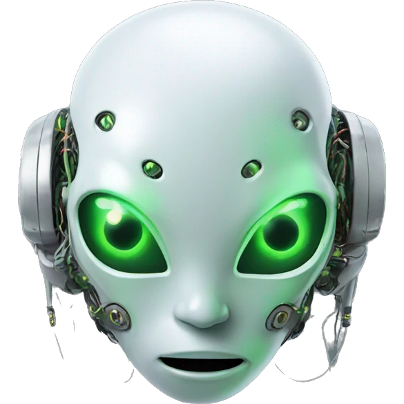Round Alien cyborg head with glowing wires and green eyes  emoji