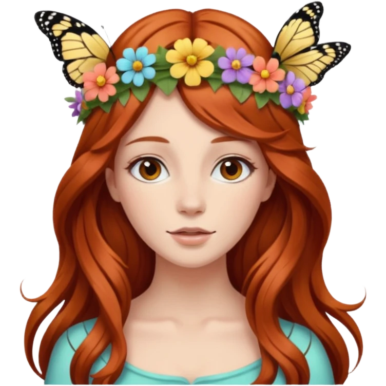 Woman with long flowing auburn hair wearing a flower crown with butterflies in it emoji