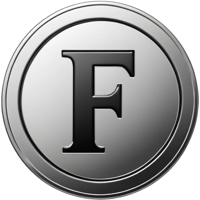 Emoji icon of a metal coin with engraved letter F, minimalist style, isolated, only black color emoji
