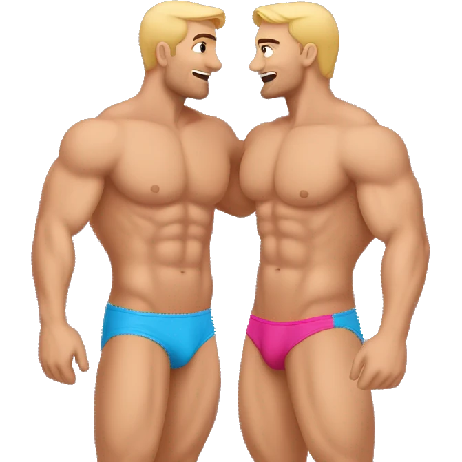 Caucasian Muscular gay men kissing wearing bikini emoji