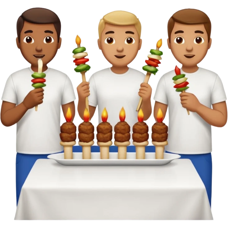 men in t-shirt eating beef kebab emoji