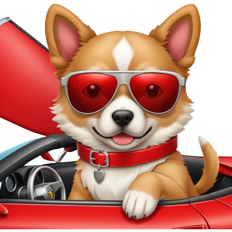 Dog wearing sunglasses in a Lamborghini with two guns emoji