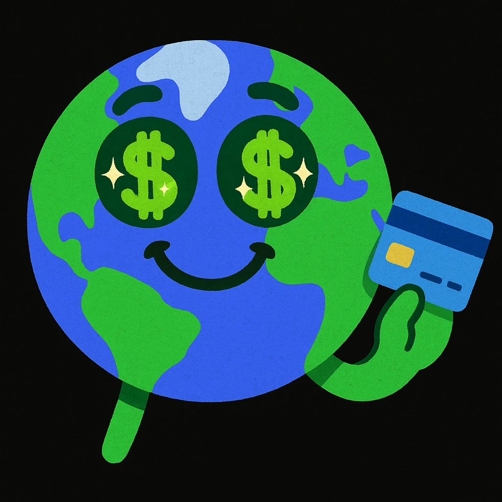 Make the earth character more catchy and cute with big sparkling cash eyes and a happy expression. Add a hand holding a bank card. Keep the style playful and appealing, similar to the original image style. emoji