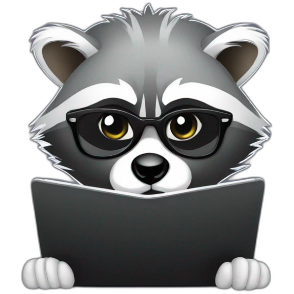 racoon wearing glasses and a white tee working on a black laptop emoji