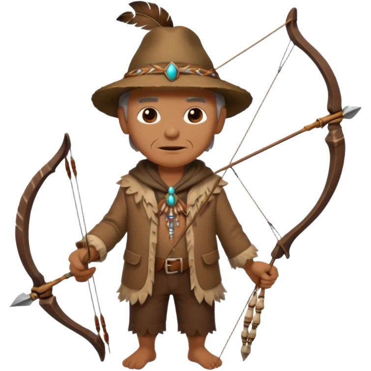 The classic image of a middle-aged uncle hunter carrying a bow, dressed in brown clothes, with some ornaments made of feathers, bones or teeth on his body. emoji