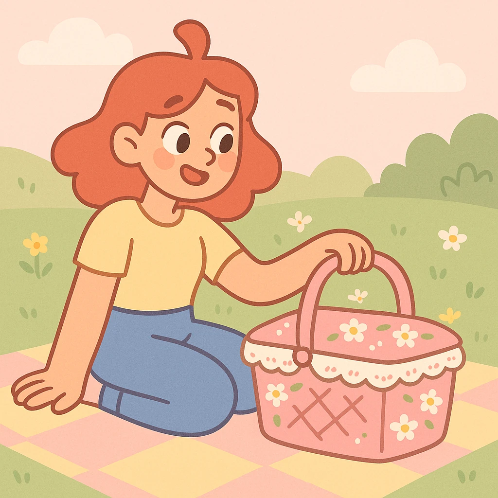 pink cottagecore picnic basket with lace and flowers, gentle pastel tones, cozy and inviting emoji