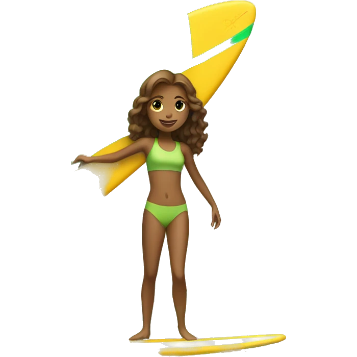 light brown girl surfing green yellow surf board emoji