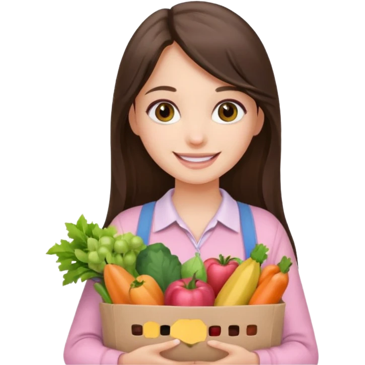 smiling long brunette hair girl hazel eyes wearing light pink clothes holding groceries emoji