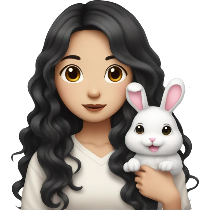 Asian girl with long black wavy hair with cute bunny emoji