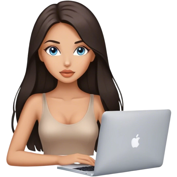 Glamours tanned very beautiful girl with pump peach nude lips and dark chocolate straight smooth long hair, blue-grey eyes with MacBook emoji