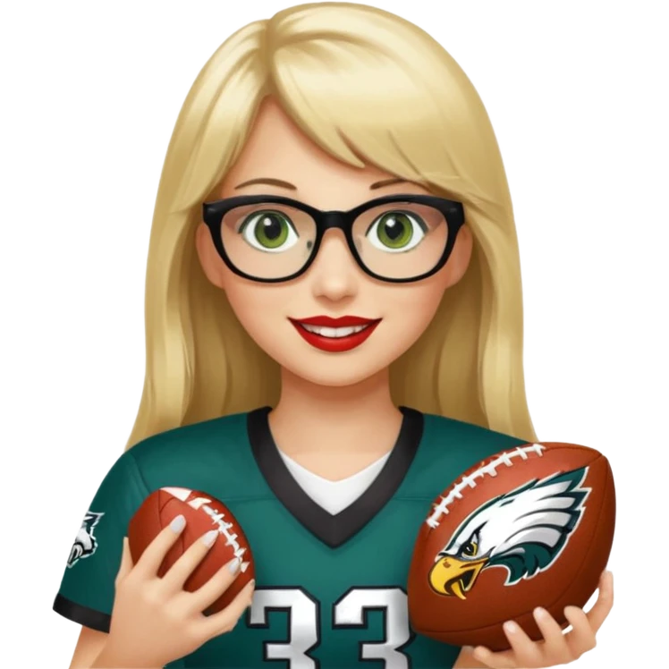 full length women wearing eagles uniform, long blonde hair, bangs, green eyes, black glasses, holding football, number 33, smiling, lipstick emoji