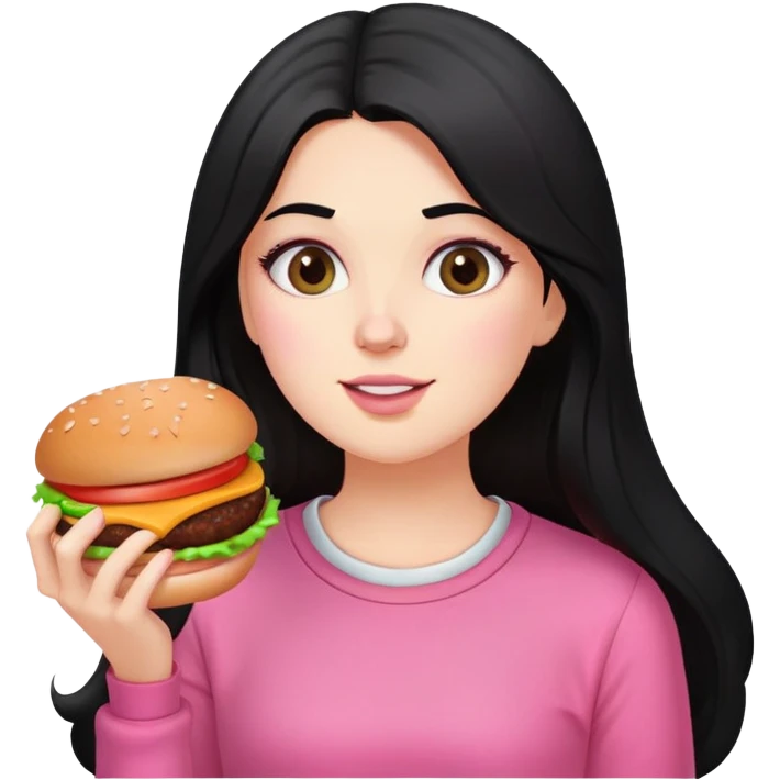White girl in pink clothes and long black hair eating burger and pizza emoji