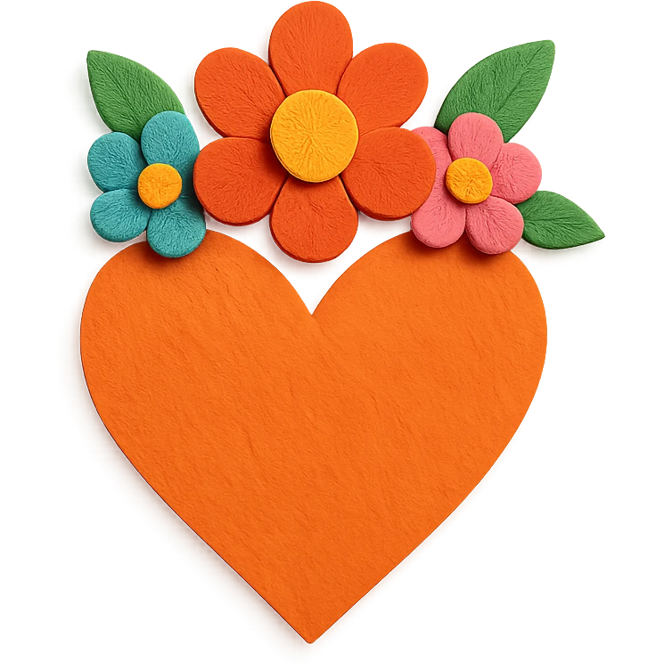 an orange heart with a crown of colorful flowers, paper craft style, layered paper look emoji