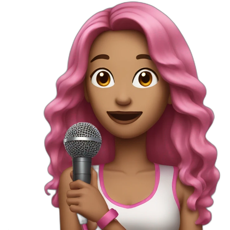 woman with long brown hair and pink highlights, with a microphone singing emoji