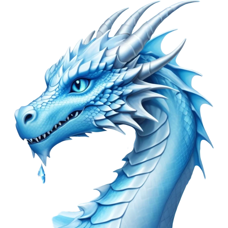 Cinematic Noble wise elegant Ice Dragon Portrait Emoji, Poised and imposing, distinct long elegant snout, with a slender, scaled body shimmering in glacial hues of icy blue, frostbitten silver, and crystalline white, breathing out frost, with piercing, glowing ice blue white eyes that radiate the chilling depths of an arctic storm; rendered in detail. excuding wisdom emoji