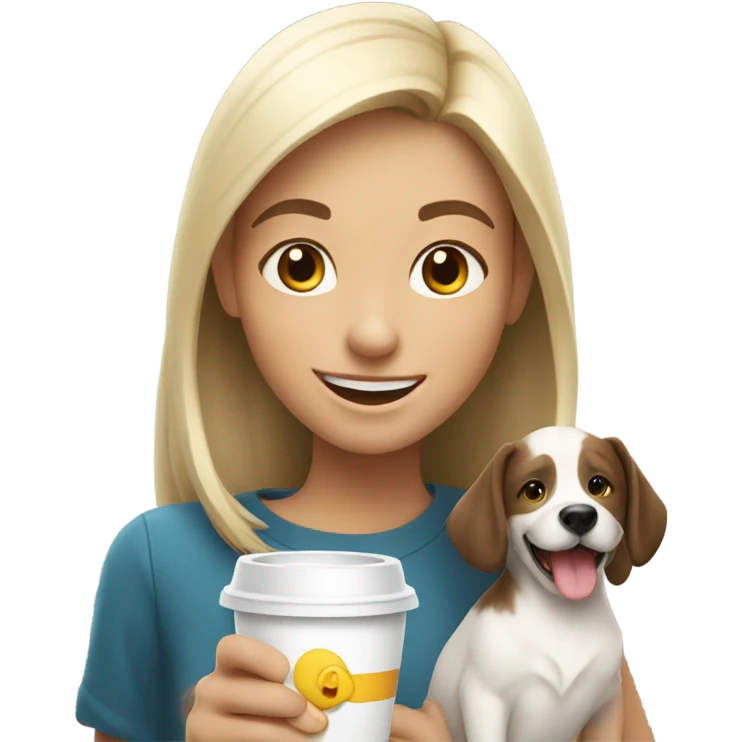 smiling girl with cup outdoors holding a white dog emoji