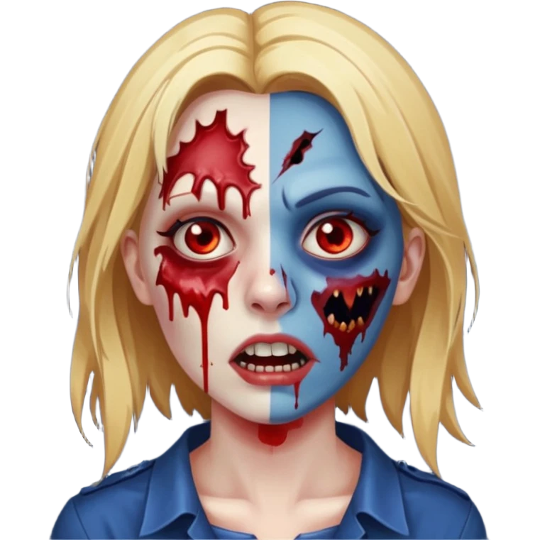 zumbi feminino com cortes no rosto, olhos baixos e vermelhos, cabelo loiro e rosto azul escuro, boca e olhos sangrando cm fundl azul e mais sangues possível emoji