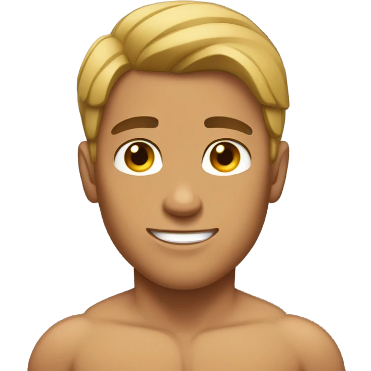 Tan guy with middle part and shirt off with muscles emoji
