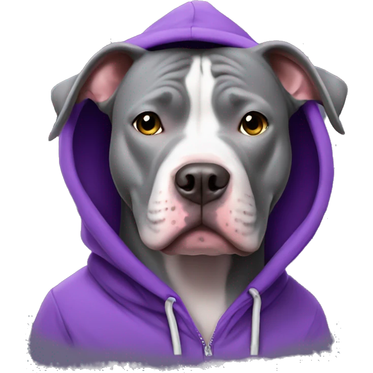 Grey pitbull dog wearing a purple hoodie emoji