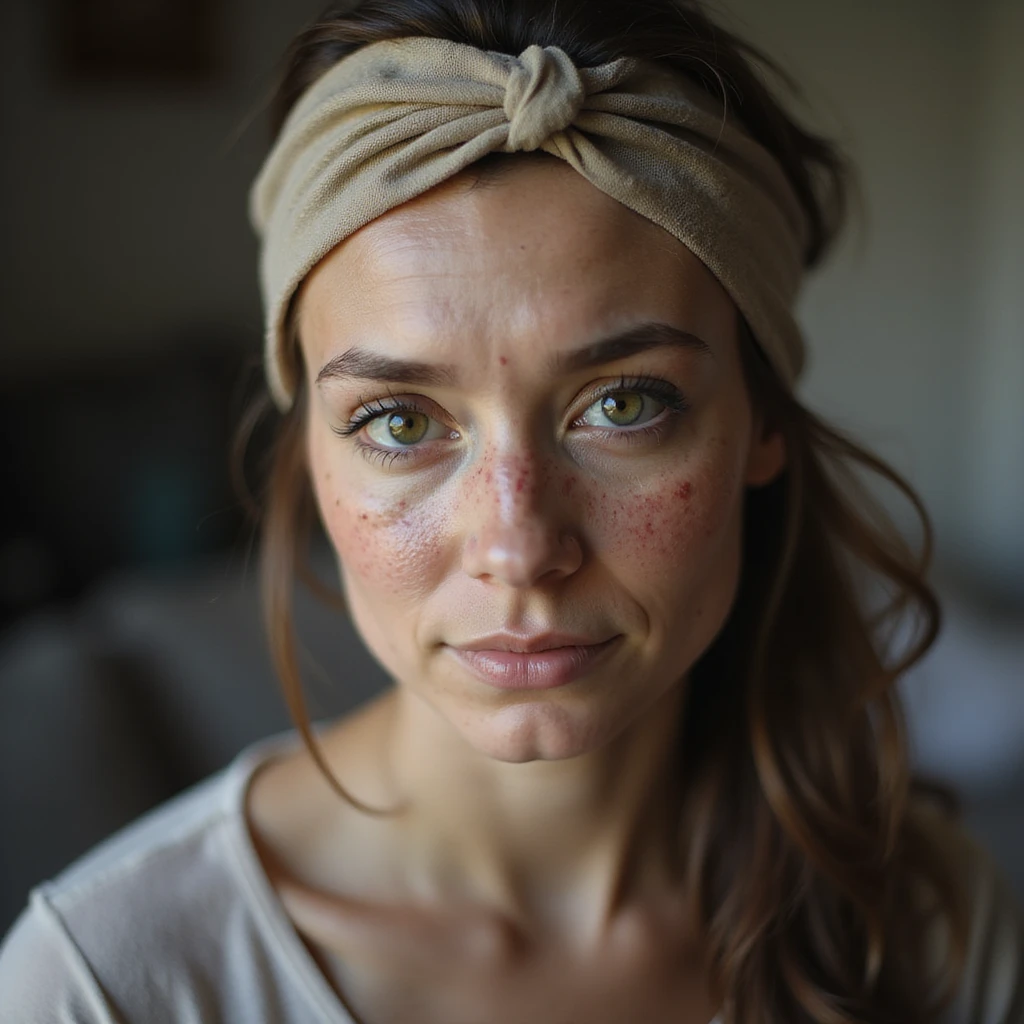hyperrealistic 4K image of a woman with PCOS wearing a headband or scarf to cover thinning areas, face with acne, teary eyes, thinning hair, domestic environment emoji