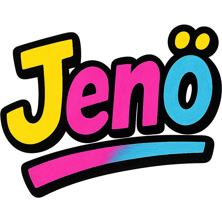 modern colorful gradient typography of the name Jenő with dark outline, dynamic slanted or partial underline, in the style of reference patterns emoji