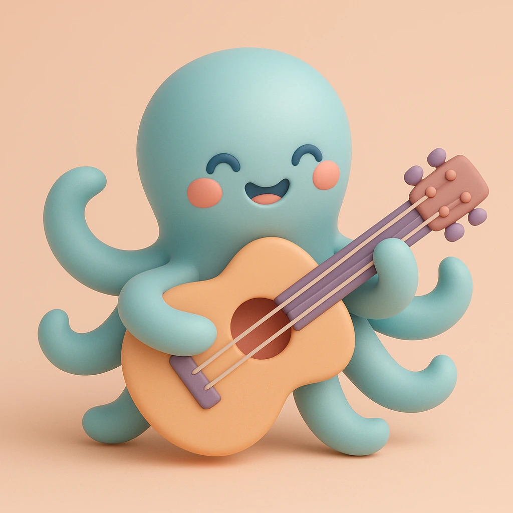 happy octopus with multiple arms playing guitar emoji