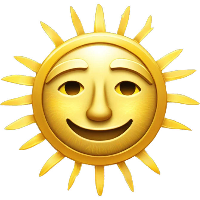 Un sol dorado sonriente con rayos de luz, representando la felicidad y la energía positiva, inspirado en la iconografía Inca del dios Inti Perú emoji