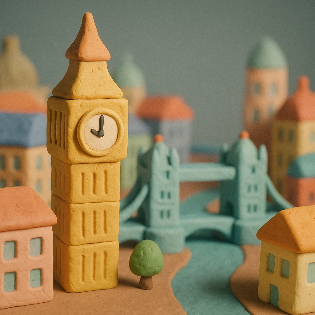 London with soft, rounded buildings and pastel colors in claymation style emoji