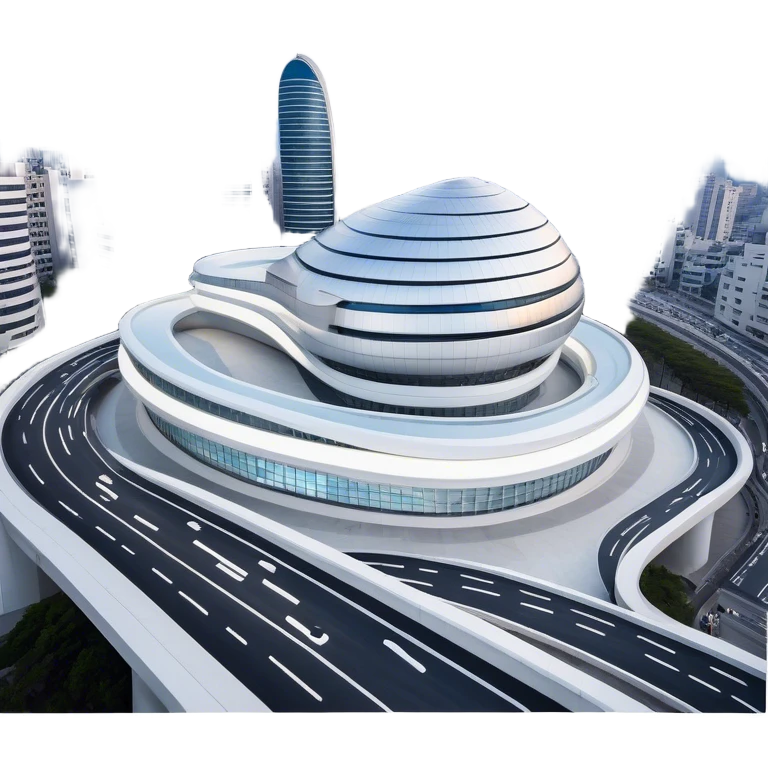 Realistic Dongdaemun Design Plaza (DDP) Landmark Emoji, featuring the iconic curving silver structure with futuristic architecture, illuminated pathways, and a sleek modern design set against the Seoul cityscape. emoji