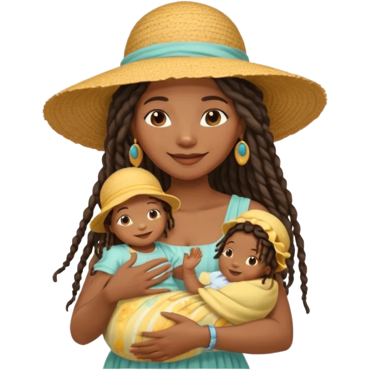 A black mom with long dread lock hair in a sunhat holding her baby gently, wearing a sun-dress while smiling softly. emoji