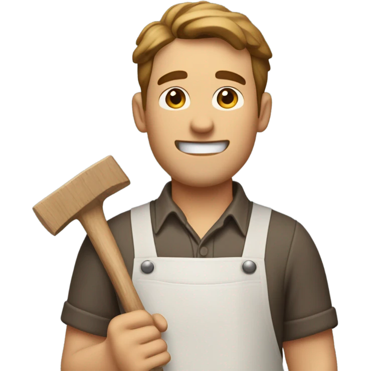 "A sturdy man with rough hands, short light brown hair, and a friendly, naive expression. He wears a work apron over simple clothes and holds a hammer or wood in a rustic workshop." emoji