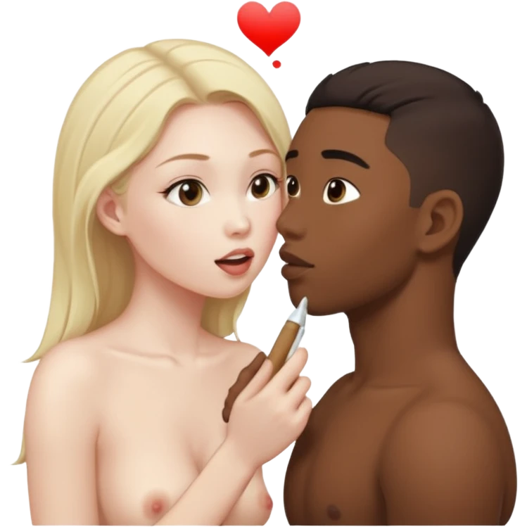 Nude light-skinned female giving fellatio to darker-skinned asian male emoji