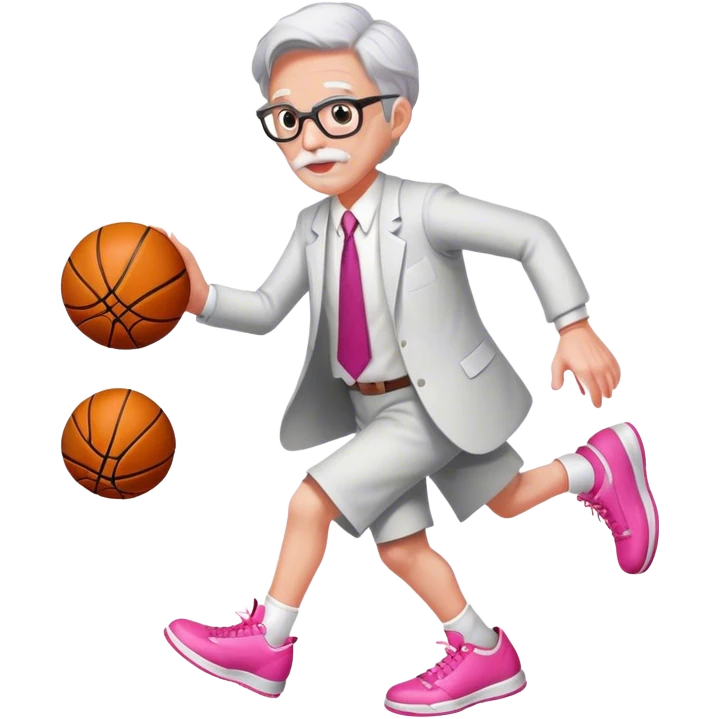 Dressed as a professor. Playing basketball. Only one basketball in picture. Dribbling the basketball. Pink shoes. emoji