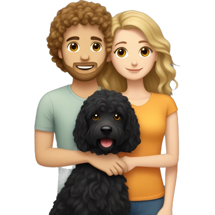 a white girl with long brown hair, hugging a black coated labradoodle. adding a white man with curly blonde hair. emoji