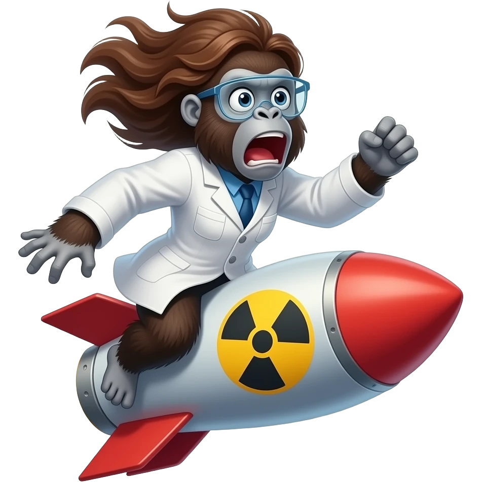 горила науковець летить на ядерній ракеті, ледь не вилітаючи з неї, шерсть розвивається вітром, вона в шоці, кричить emoji