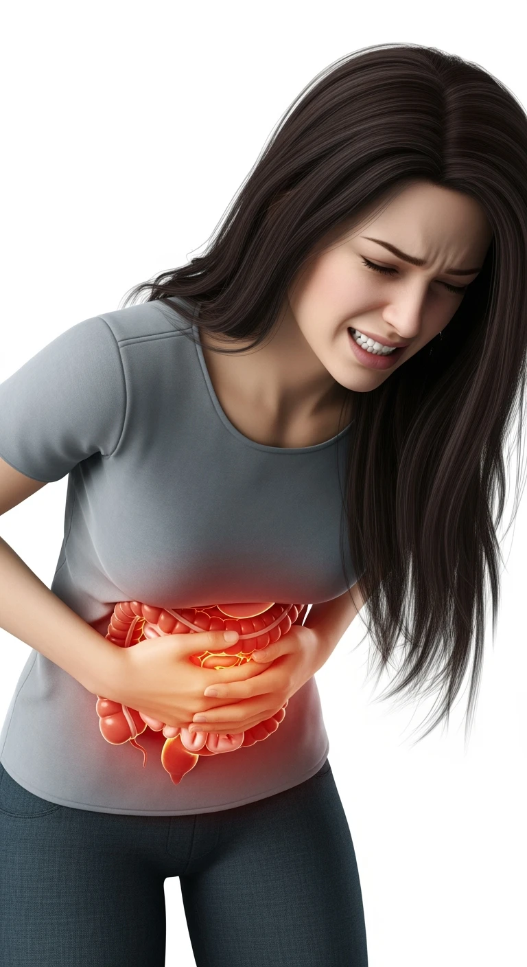 donna giovane piegata in avanti con mal di pancia e INTESTINO UMANO ANATOMICO IN EVIDENZA, iperrealistica 4k, ISOLATA SU SFONDO BIANCO emoji