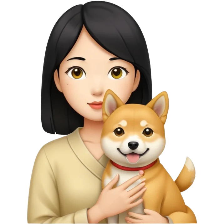  A Chinese balck hair girl holding a Shiba inu dog and a yellow dog emoji