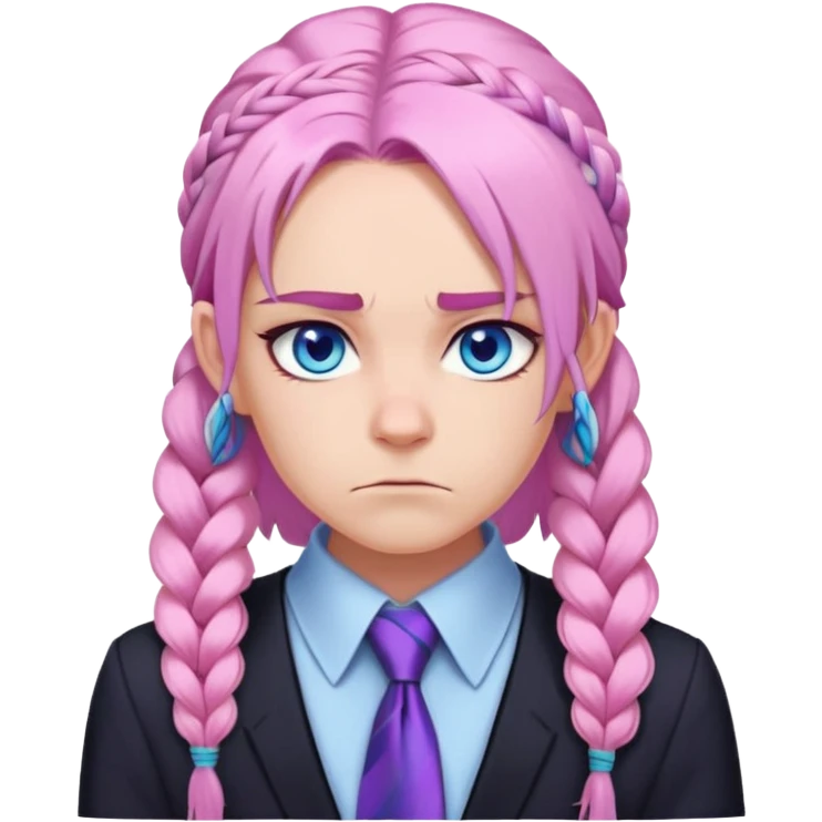 Long-pale-pastel-pink-hair with one braid on each side, grumpy expression, purple-pink feather-ear-cuffs in hair, black bodysuit, blue eyes, pink iris, blue tie emoji