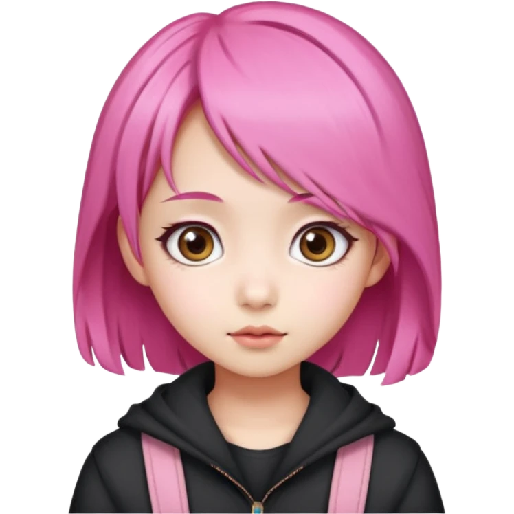 An Asian girl with  pink hair, big eyes,sweet
 emoji