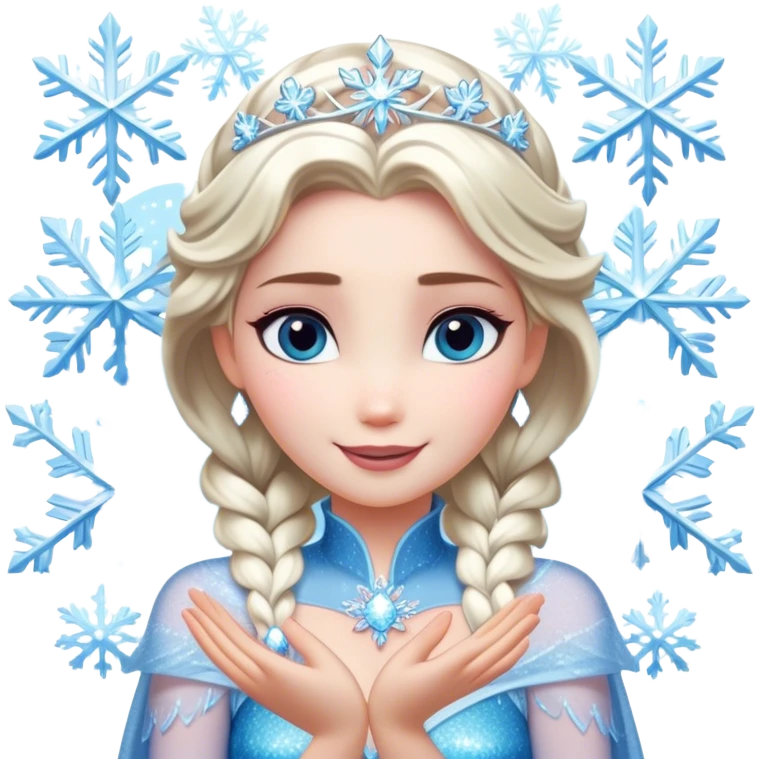 Cinematic Elegant Elsa Portrait Emoji, Standing gracefully with snowflakes forming in her hands, a soft yet confident smile, frosty shimmer surrounding her, a queen in perfect icy splendor! emoji
