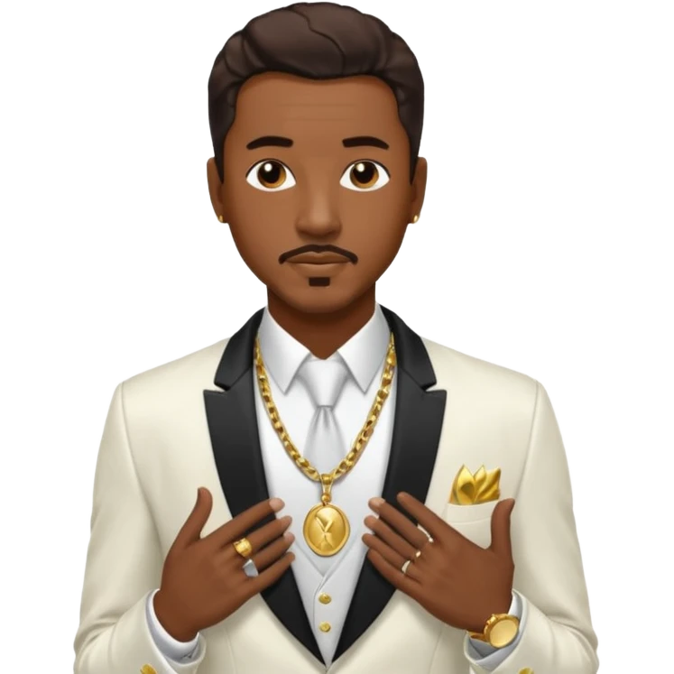 Ralph Tresvant with dark brown hair, white suit jacket, shirtless with necklace emoji