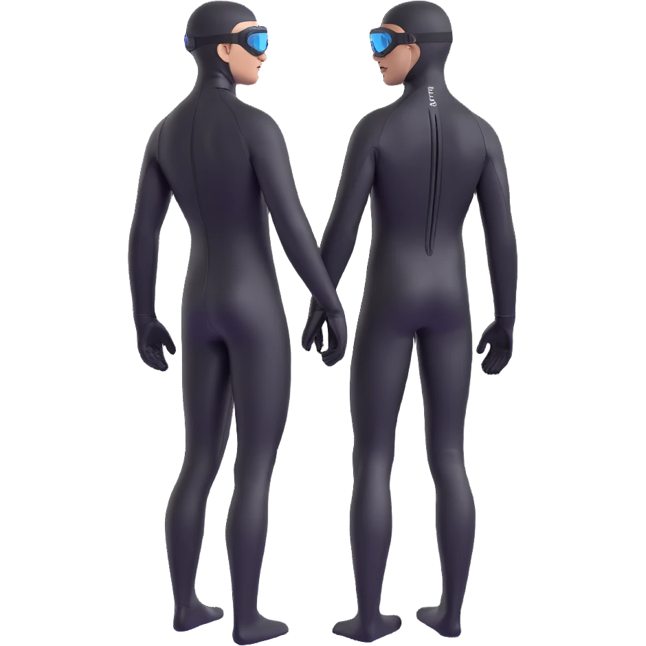 3D emoji style freediver, back view, in a black wetsuit and gear, descending with arms streamlined, long black fins, gloves, and goggles, no face details, five fingers visible, black or deep sea background emoji