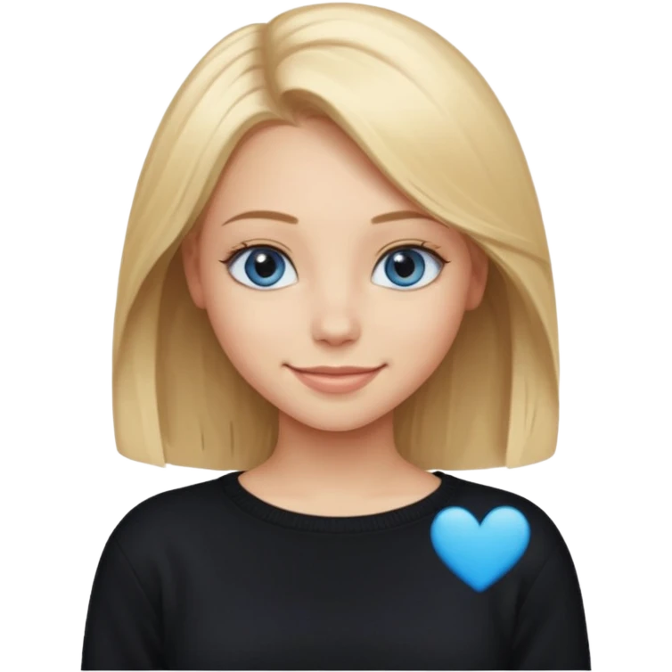 a new character a girl with shoulder length blonde hair wearing black clothes and wearing a cheeky smile she has blue eyes her black sweater has an emo style badge remove the badge and instead add the words special emoji