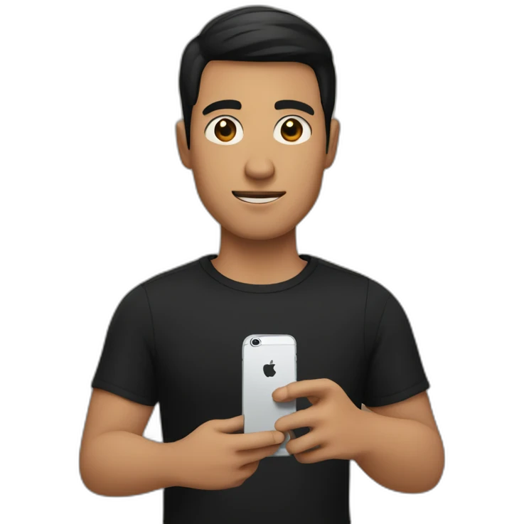 A man dressed in black, with short black hair and brown eyes, holding an iPhone in his hand emoji