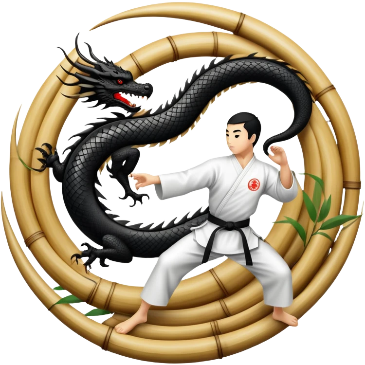 An icon symbolizing Eastern martial arts in the style of an emblem, featuring a black-and-white Yin-Yang symbol and a dragon at the center. A martial artist is performing a fluid kick, surrounded by elements like a dojo and bamboo. Transparent background highlights balance and power. emoji
