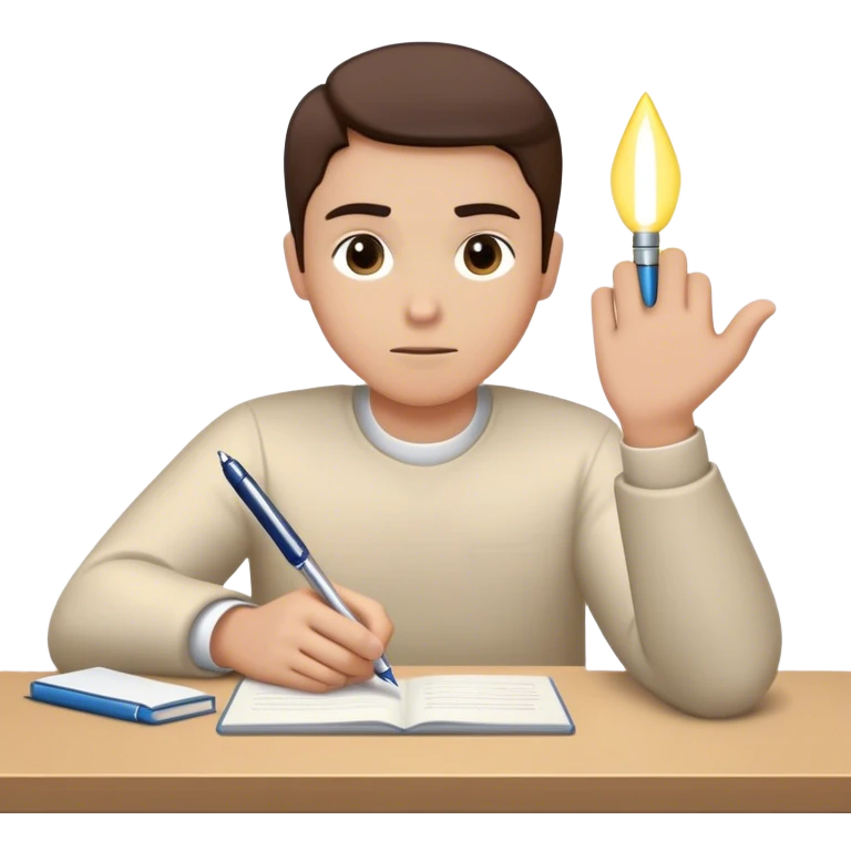 The present self sits at a desk, hesitating, while a glowing hand—representing the future self—rests reassuringly on their shoulder. In the other hand, the future self holds out a pen, gently encouraging action, symbolizing the power of starting despite doubt. emoji