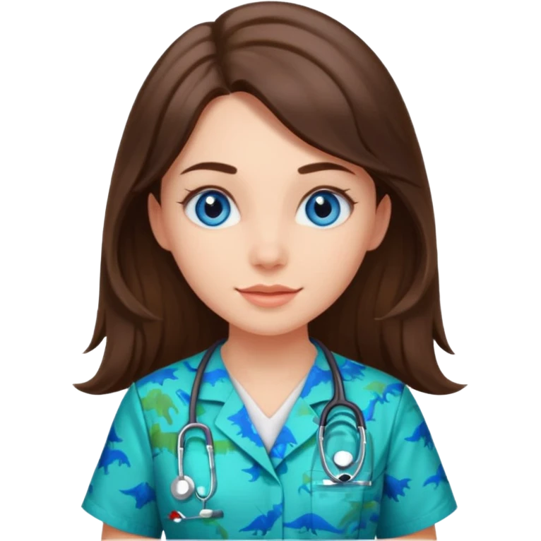 pretty brunette nurse with long hair and blue eyes in dinosaur pattern scrubs emoji