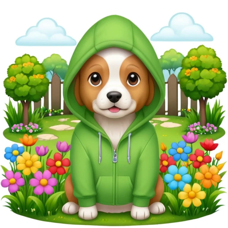 dog in a hoodie, garden background emoji